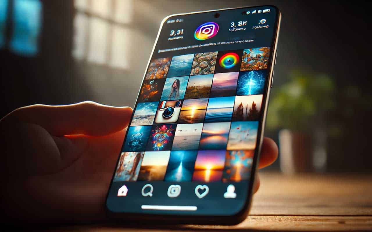 A smartphone screen showing an Instagram profile grid with vertically aligned thumbnails, emphasizing a sleek and modern design for digital marketers.
