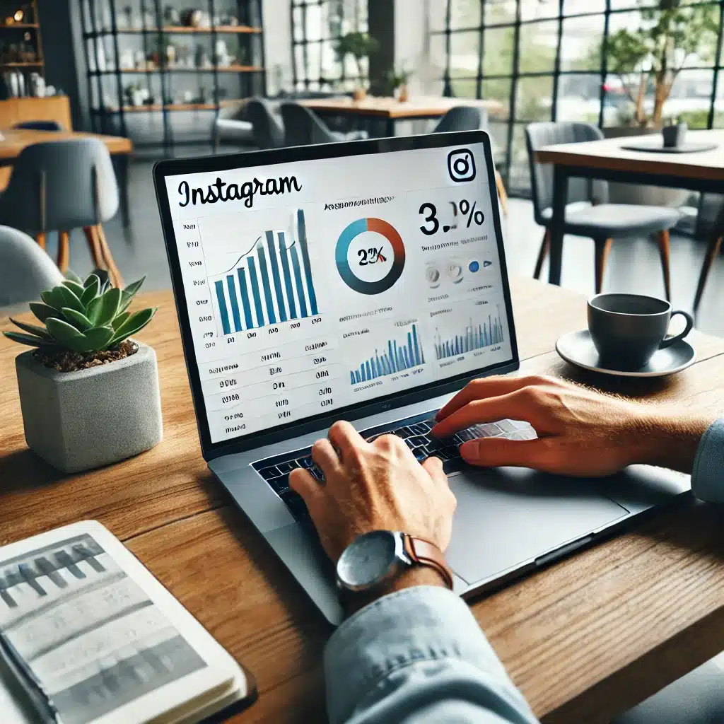 A business professional working on Instagram marketing strategies on a sleek laptop, with Instagram analytics based on Instagrams algorithm in 2025, displayed on the screen, in a modern office with natural light and greenery.