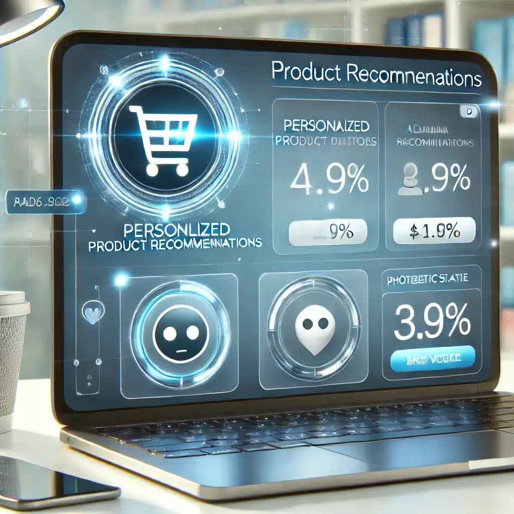 Photorealistic image of a modern eCommerce website showcasing personalized product recommendations, dynamic pricing, and an AI chatbot interface on a sleek laptop screen.