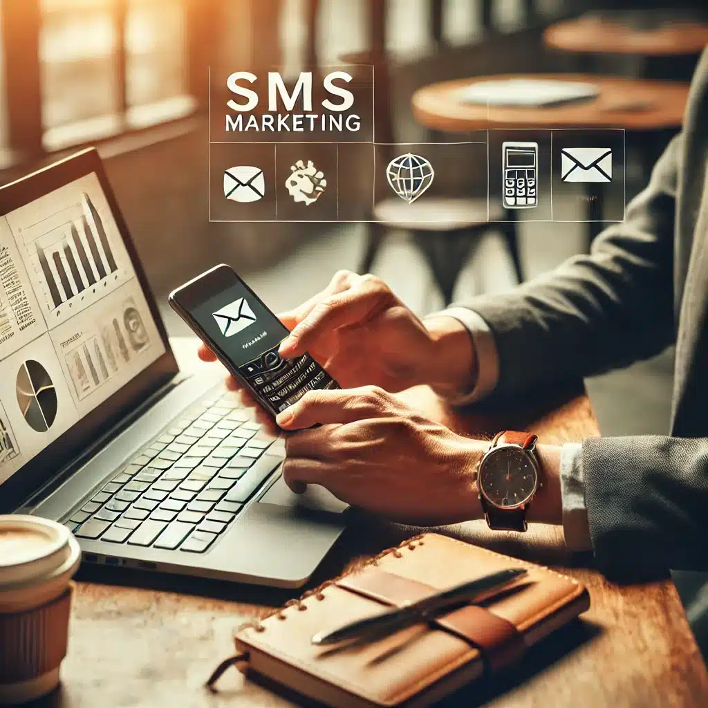 A marketer reviewing SMS marketing strategies on a laptop, with a phone displaying text messages, in a modern office setting.