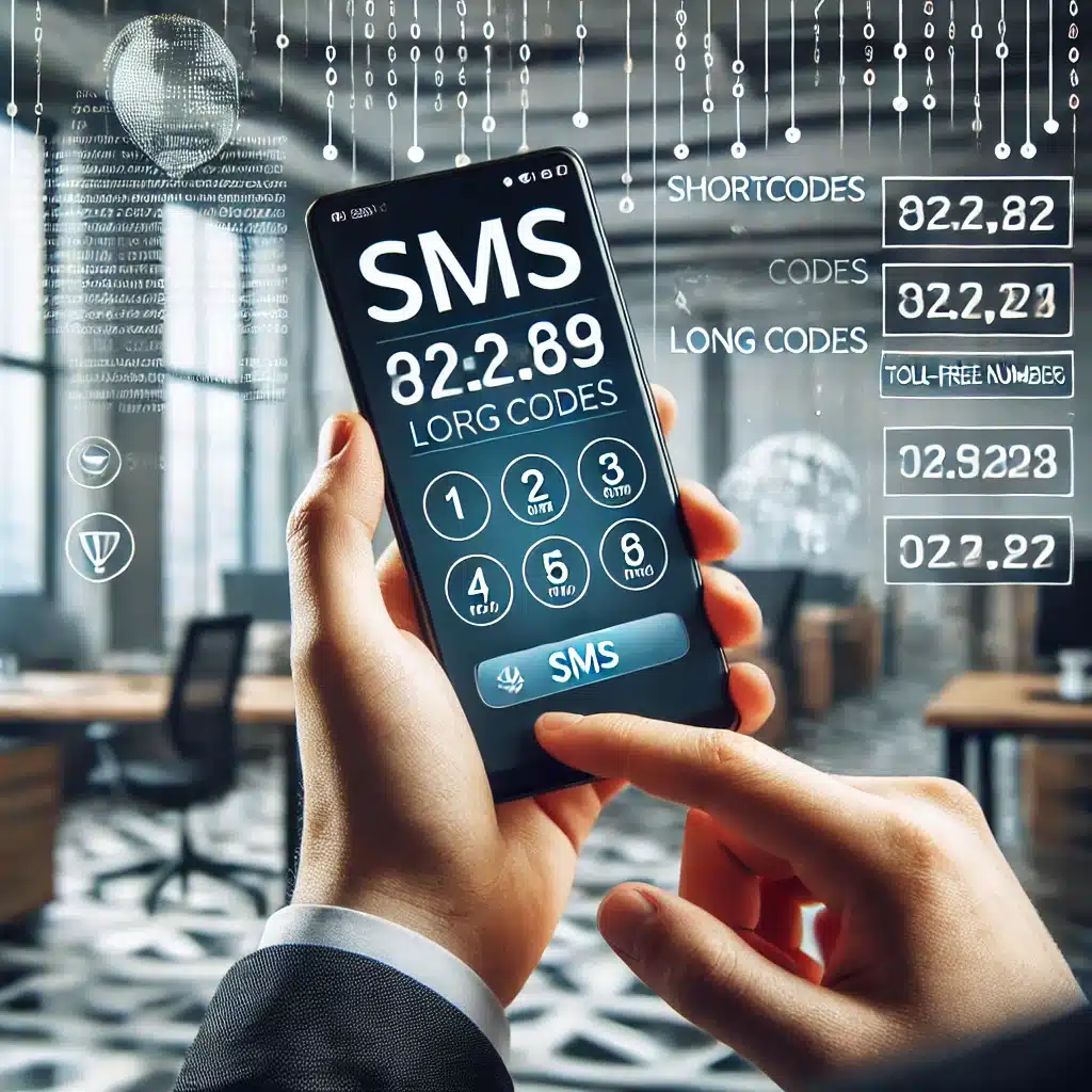 A professional office worker using a smartphone to compare SMS shortcodes, long codes, and toll-free numbers in a digital marketing setting.