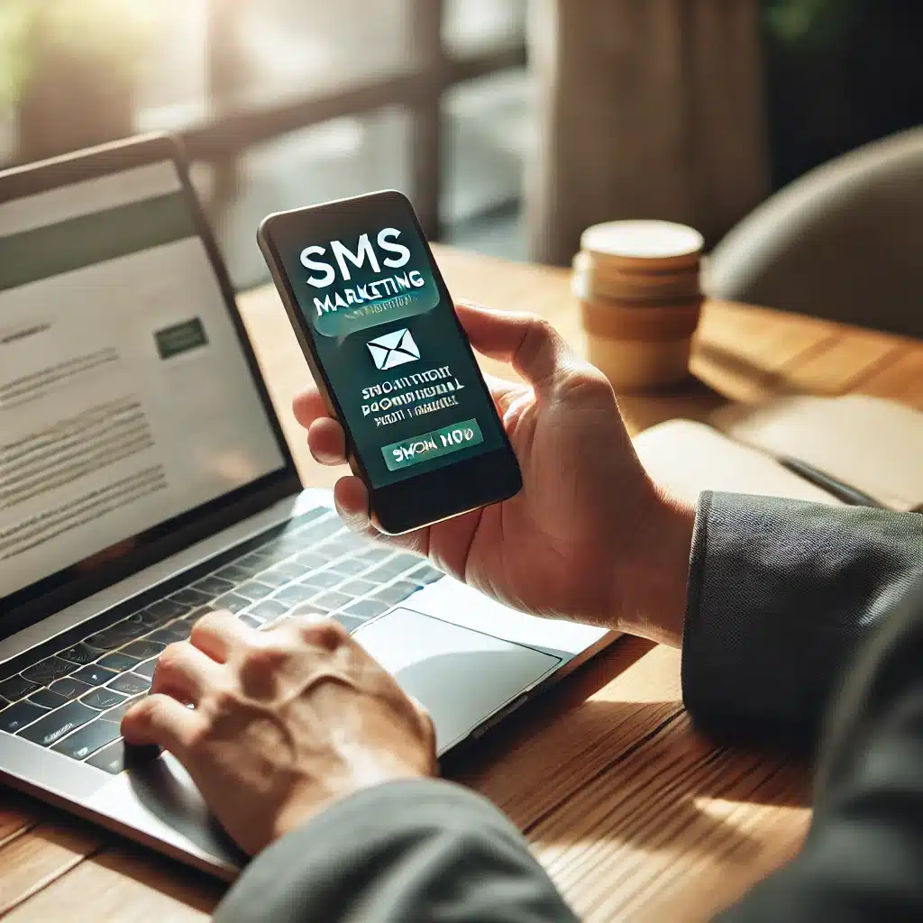A marketing professional drafting SMS marketing messages on their smartphone at a modern desk with a laptop open, showcasing an optimized promotional text.
