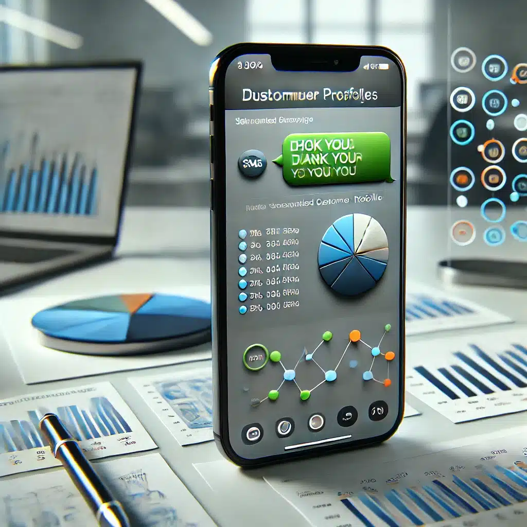 A modern smartphone displaying a text message campaign, with segmented customer profiles in the background. The phone screen shows a personalized SMS message in a sleek, professional workspace.