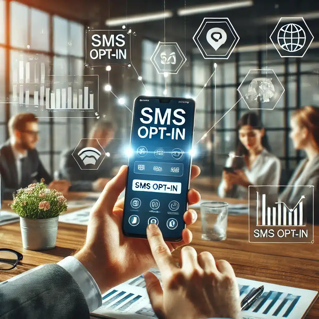 A marketing team reviewing SMS opt-in strategies on a digital dashboard, with a smartphone displaying an SMS opt-in screen in a modern office.