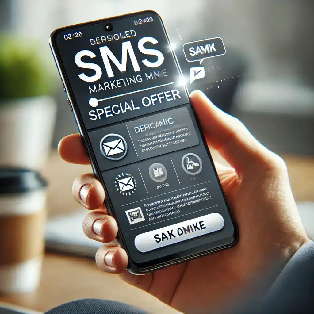 A modern smartphone showing sms marketing personalization with dynamic elements like a recipient's name, special offer, and CTA button, held in a business setting.