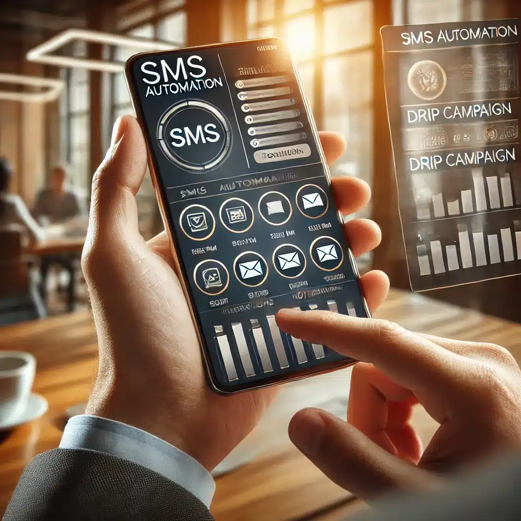 A business professional in a modern office using a smartphone with an SMS automation dashboard displaying a drip campaign schedule.