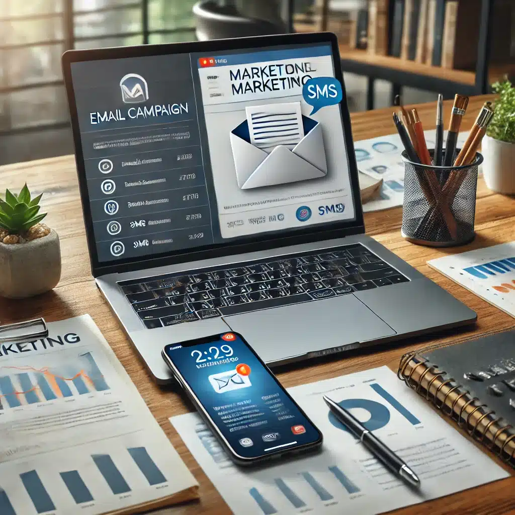 A modern marketing workspace featuring a laptop displaying an email campaign and a smartphone showing an SMS notification, illustrating an omnichannel marketing strategy.