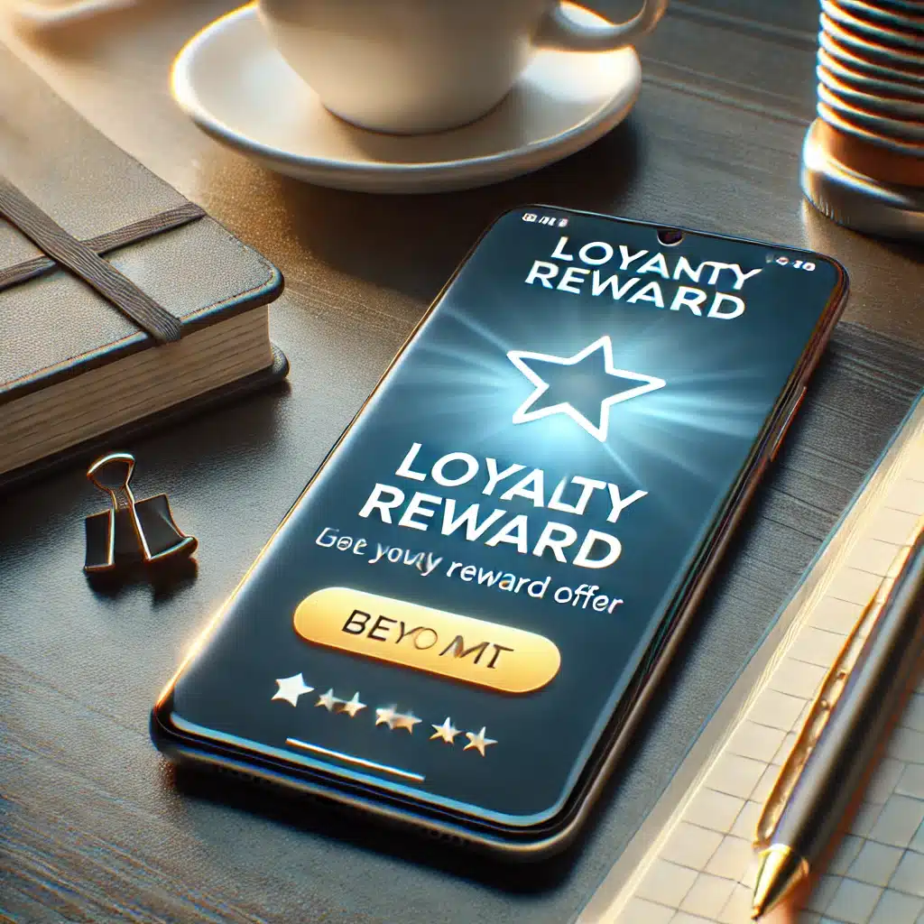 A smartphone displaying a text message notification with a loyalty reward offer, placed on a modern desk with a coffee cup and notebook nearby.