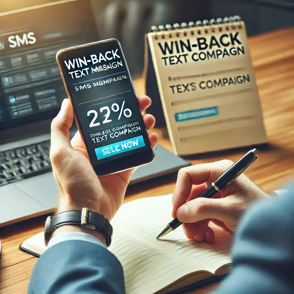 A business professional using a smartphone to send an SMS win-back campaign, displaying a discount offer. The setting includes a modern office with a laptop and notepad on the desk.