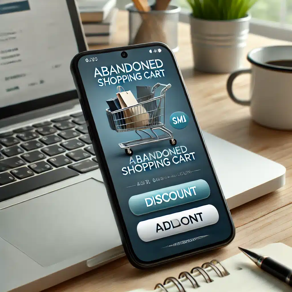 A smartphone screen displaying an SMS notification about an abandoned cart with a discount offer, set in a professional workspace with a laptop in the background.