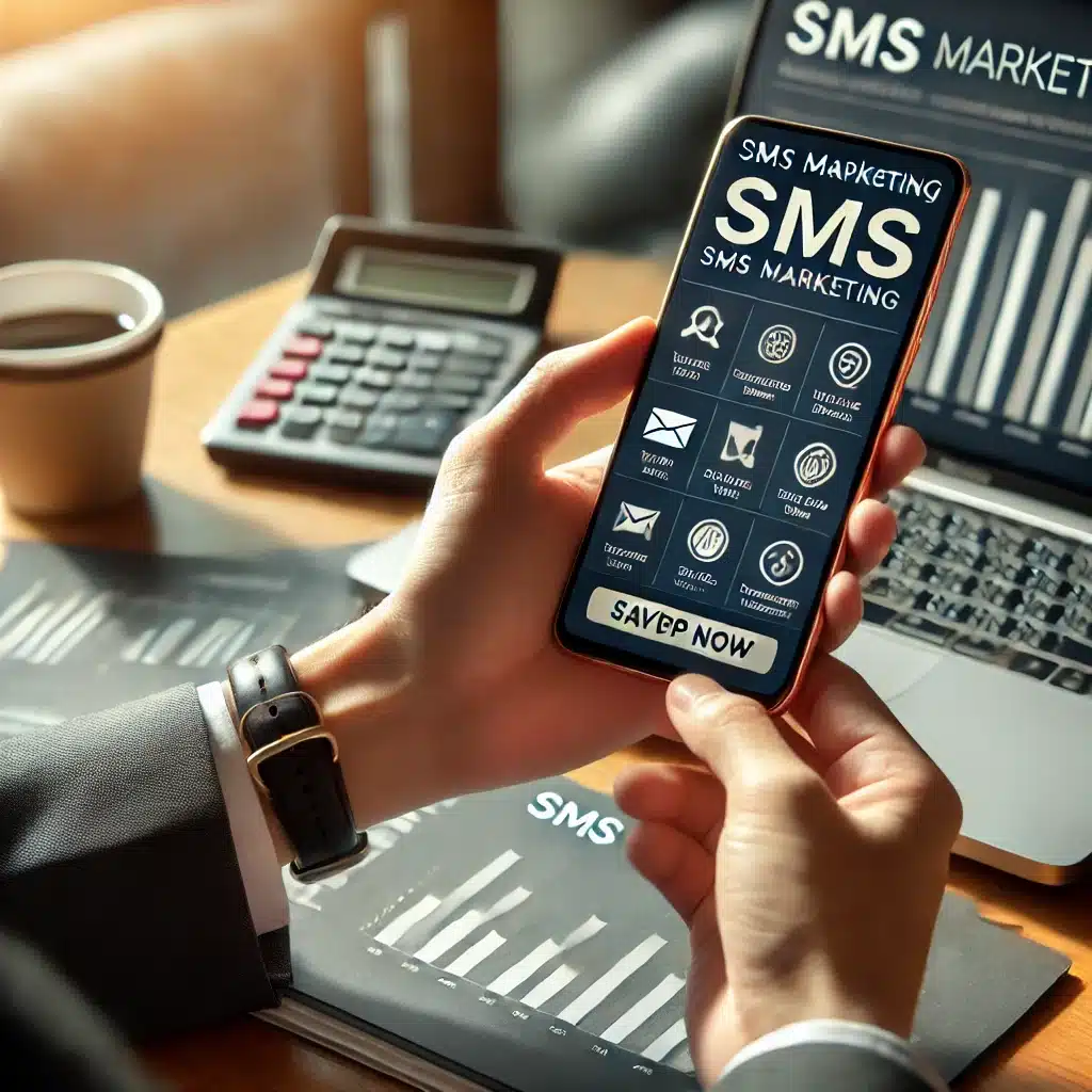 A professional eCommerce business owner checking SMS marketing analytics on a smartphone, with order confirmations and promotional offers displayed.