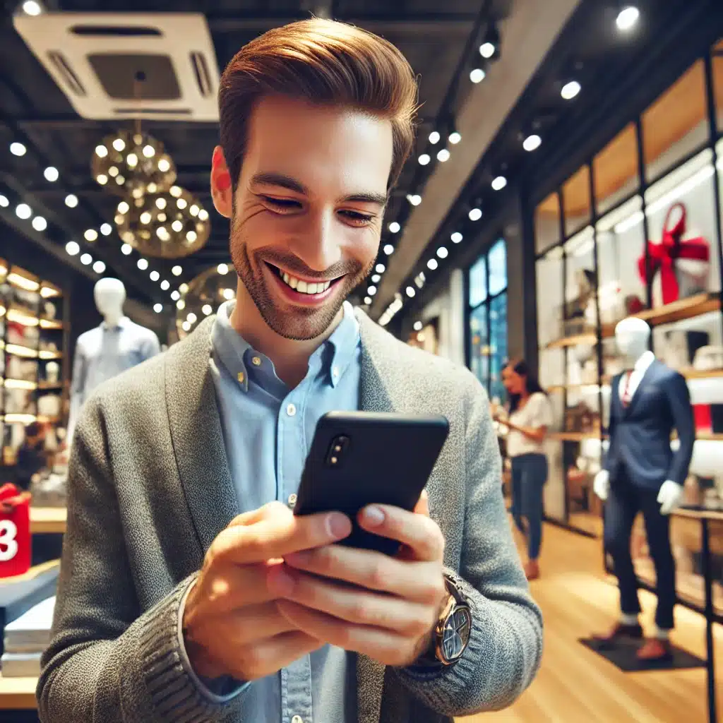 A modern retail store with customers shopping while reading promotional text messages on their smartphones, highlighting SMS marketing engagement.