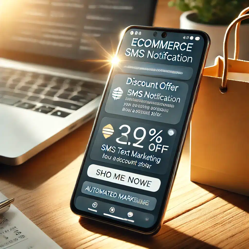 A smartphone on a wooden desk showing an eCommerce SMS notification about a discount offer, emphasizing automated text marketing for online stores.