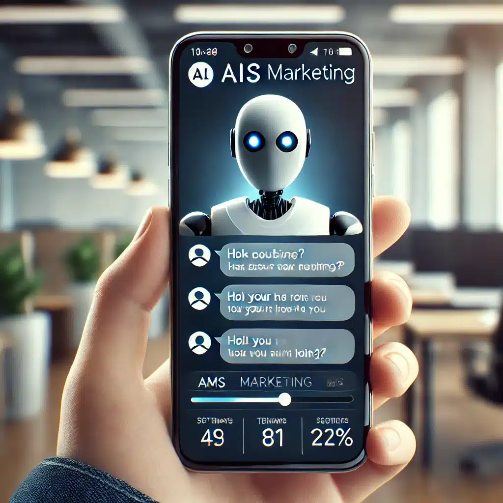 A smartphone displaying an AI-powered SMS marketing interface, with a chatbot responding to a customer query in a modern office setting.