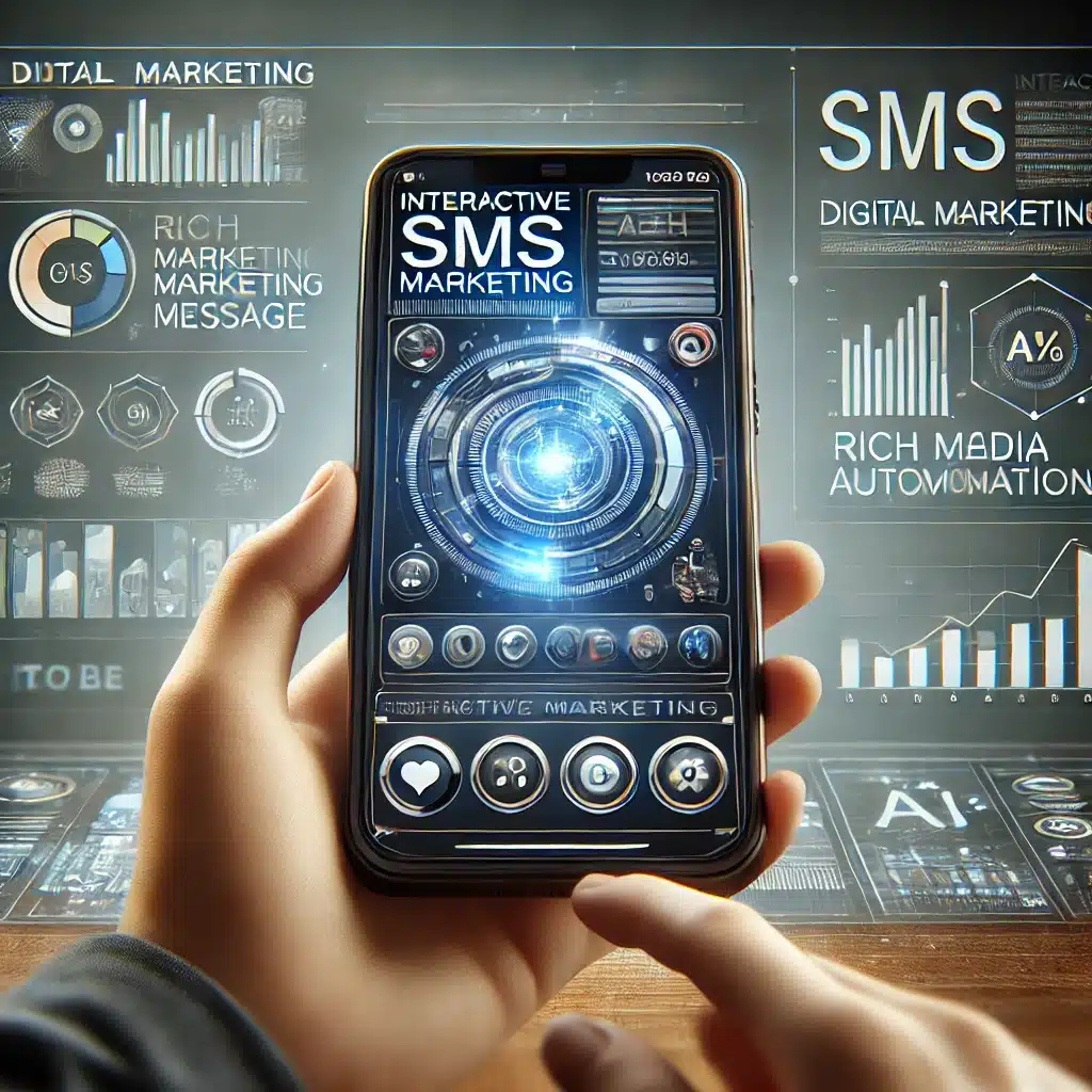 A modern smartphone showcasing an AI-powered SMS marketing message with rich media elements, set against a digital marketing dashboard.