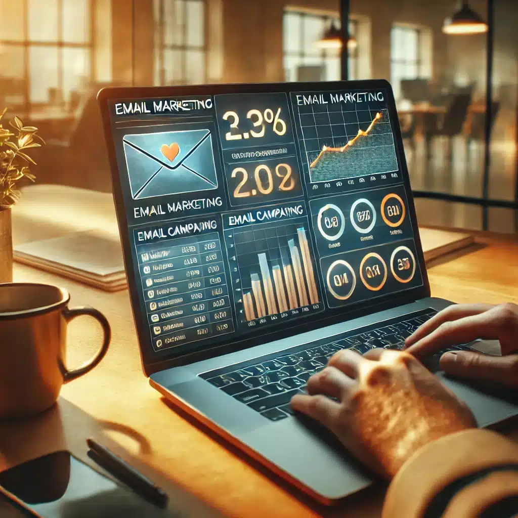 A professional working on a laptop in a modern office, reviewing email subject lines on a dashboard. A coffee cup sits beside the laptop, creating a warm and focused atmosphere.