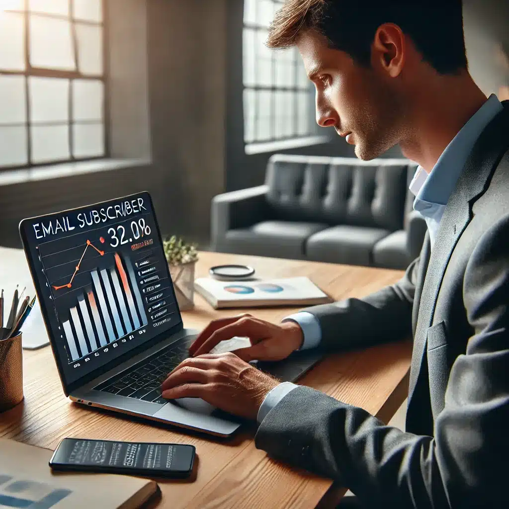 A professional marketer analyzing email list building on a laptop in a modern office setting.