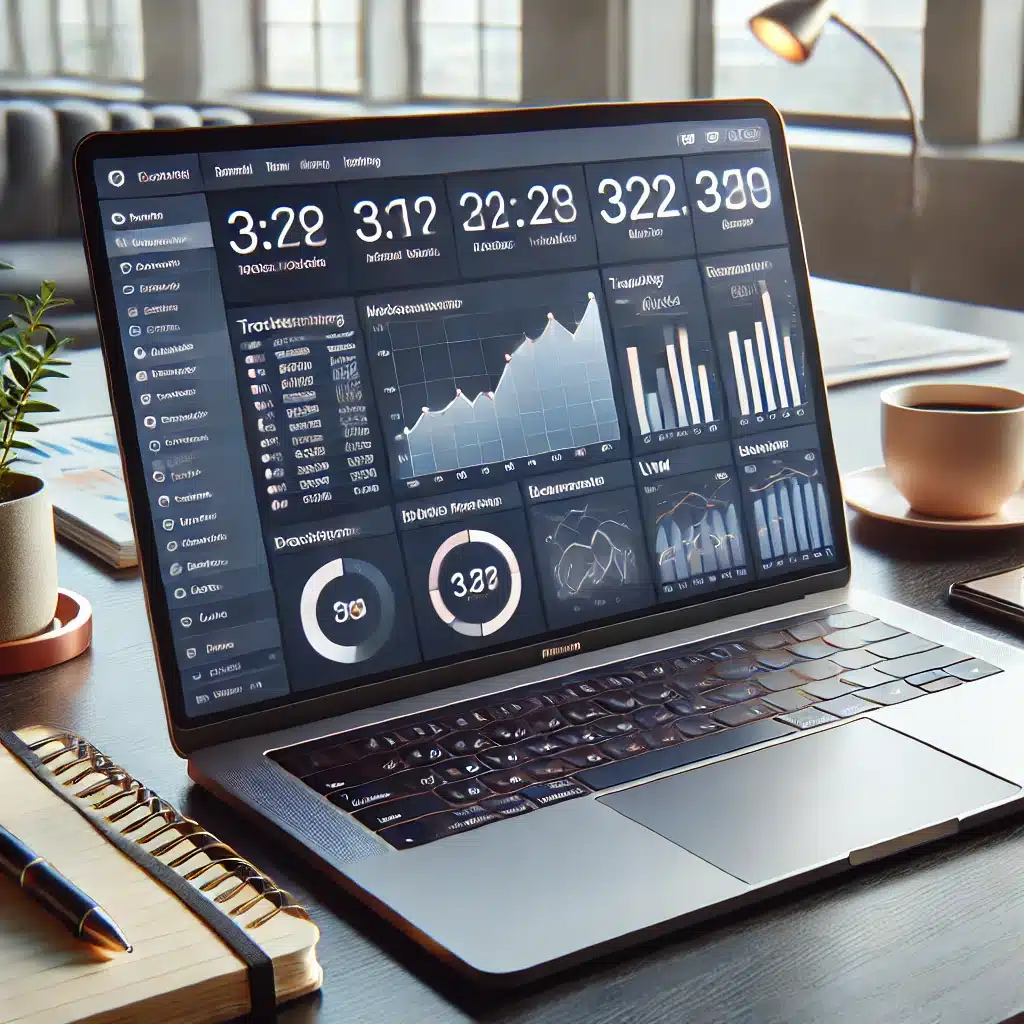 A professional-style photograph of a laptop displaying an email marketing dashboard with tracking metrics and UTM parameter data. The workspace includes a coffee cup and a notebook.