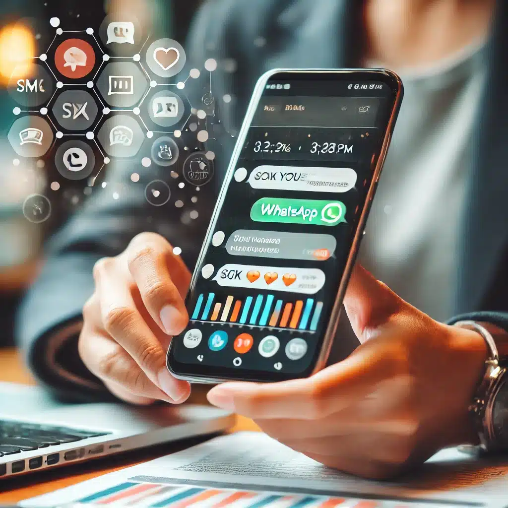 E-commerce entrepreneur using a smartphone to nurture leads via SMS and WhatsApp.