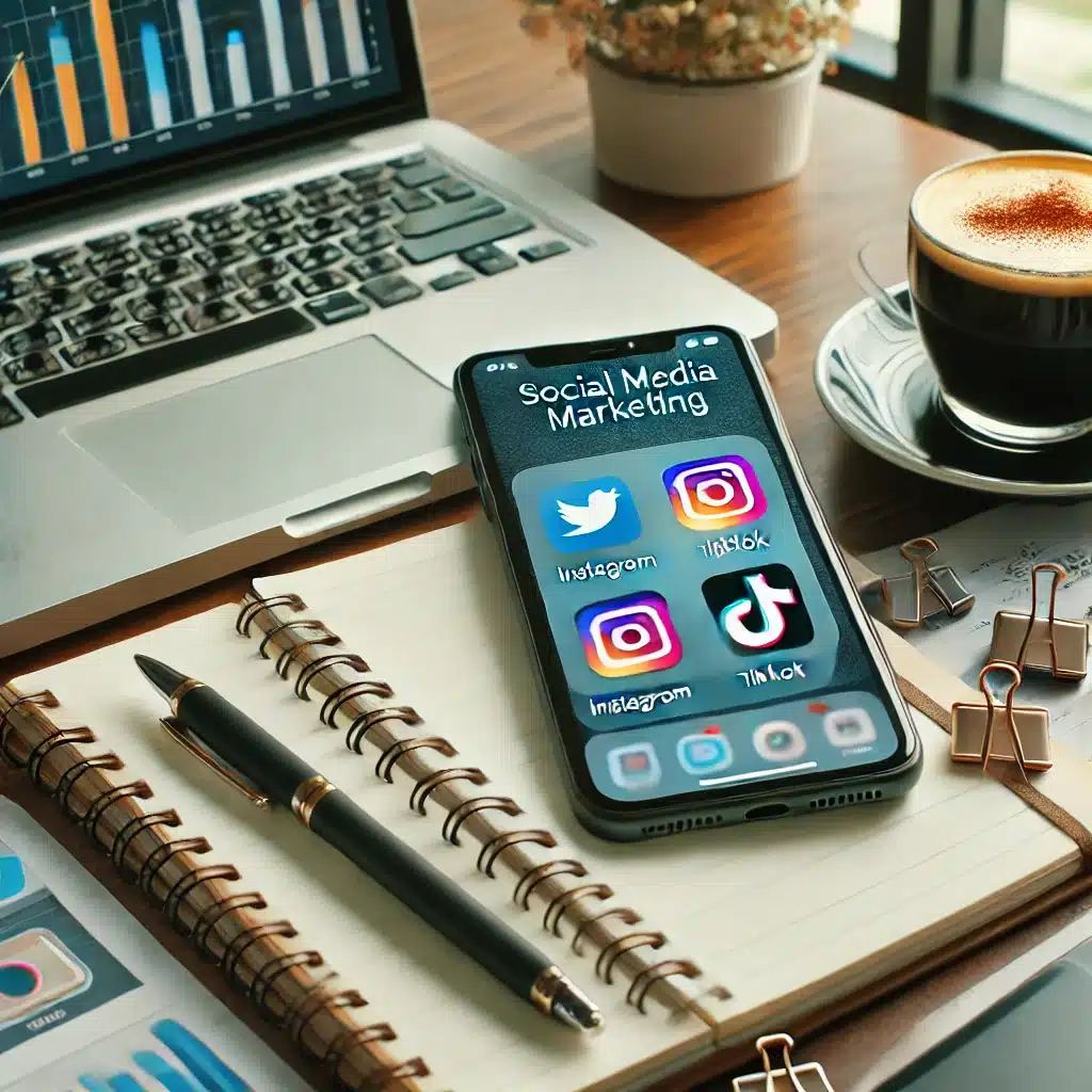 A smartphone displaying Instagram and TikTok apps on a professional workspace, symbolizing digital marketing and lead generation strategies.