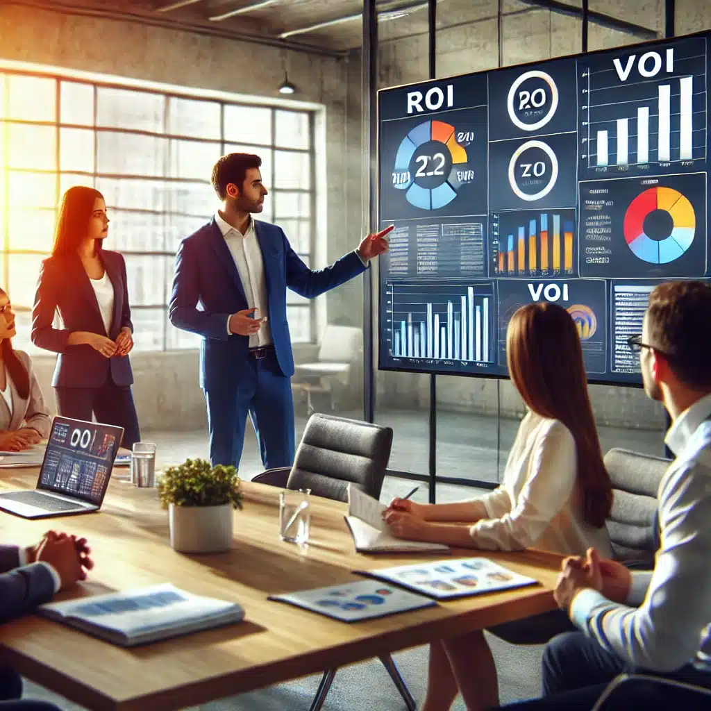 A professional marketing team reviewing ROI and VOI metrics on a large screen, discussing charts and reports in a modern office setting.