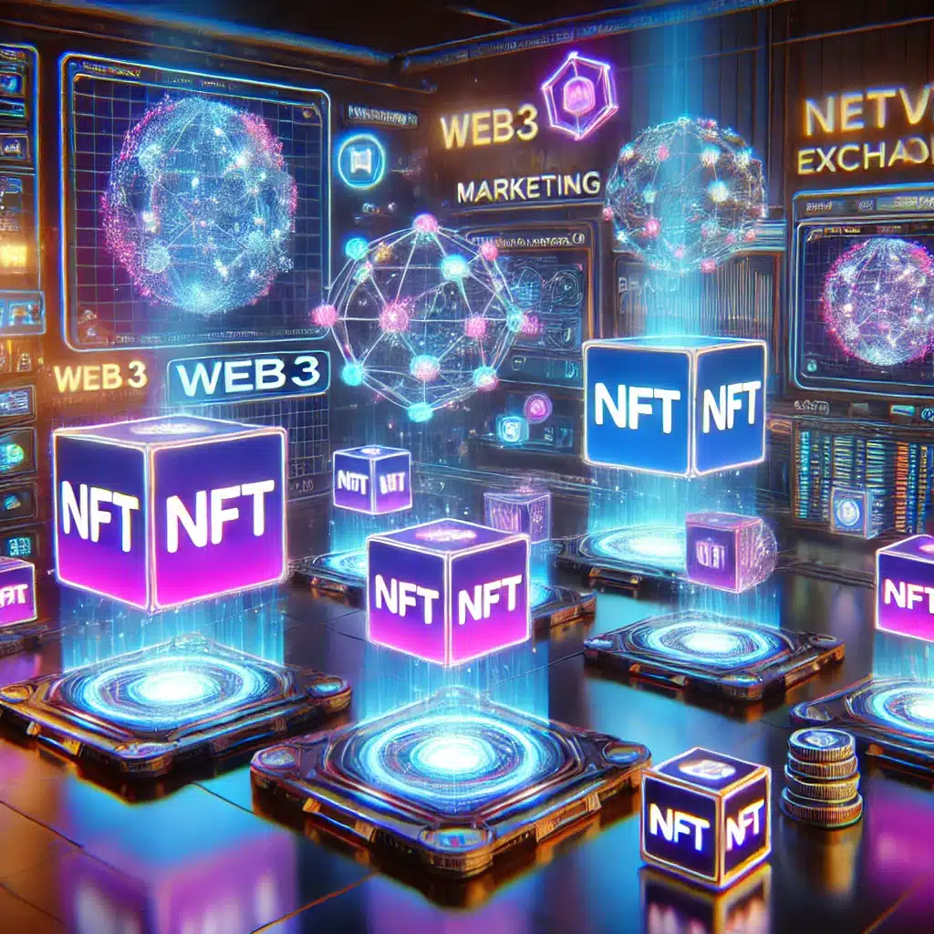 Futuristic digital marketing scene with blockchain elements and brand interactions in a virtual Web3 world.