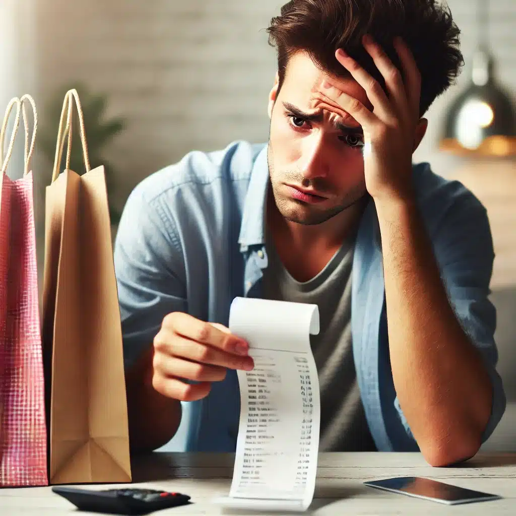 A person looking stressed while holding a long receipt, with shopping bags on the table and a credit card in hand, suggesting buyer's remorse.