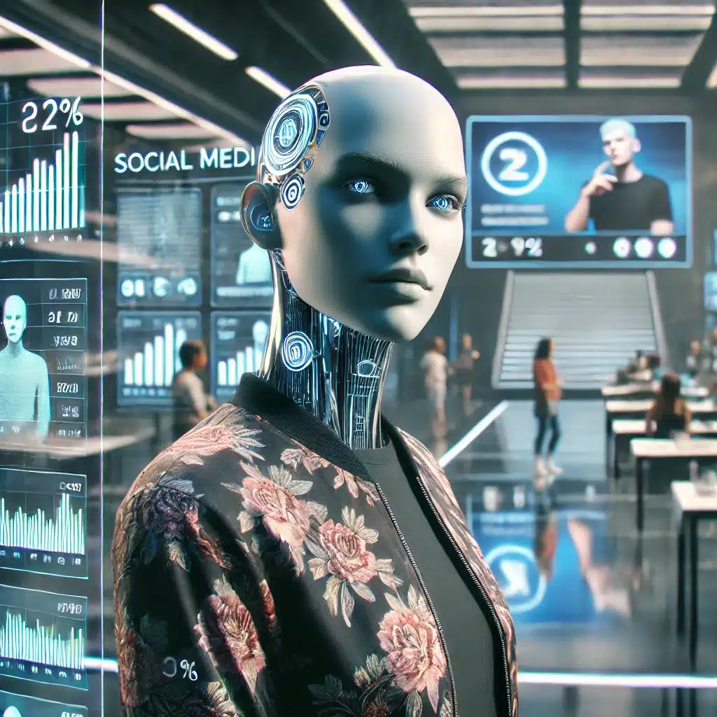 A futuristic AI-generated influencer with a hyper-realistic appearance, posing in a high-tech studio with social media analytics on screens.