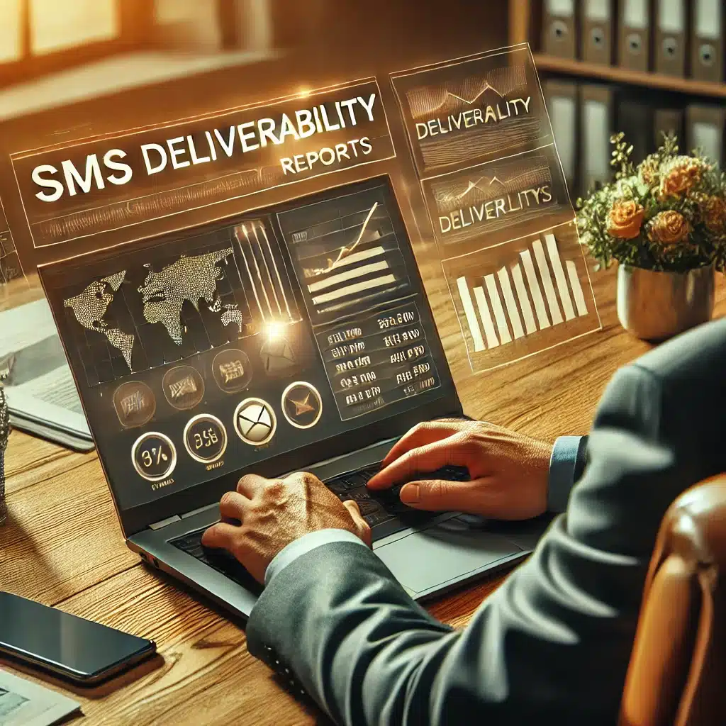 A business professional analyzing SMS deliverability reports on a laptop, with charts and graphs indicating message delivery rates in a modern office setting.