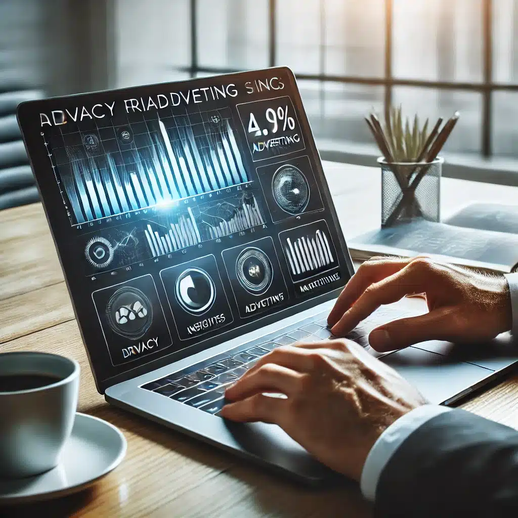 A marketer reviewing advertising performance on a laptop with data insights, graphs, and charts, focusing on cookieless advertising strategies.