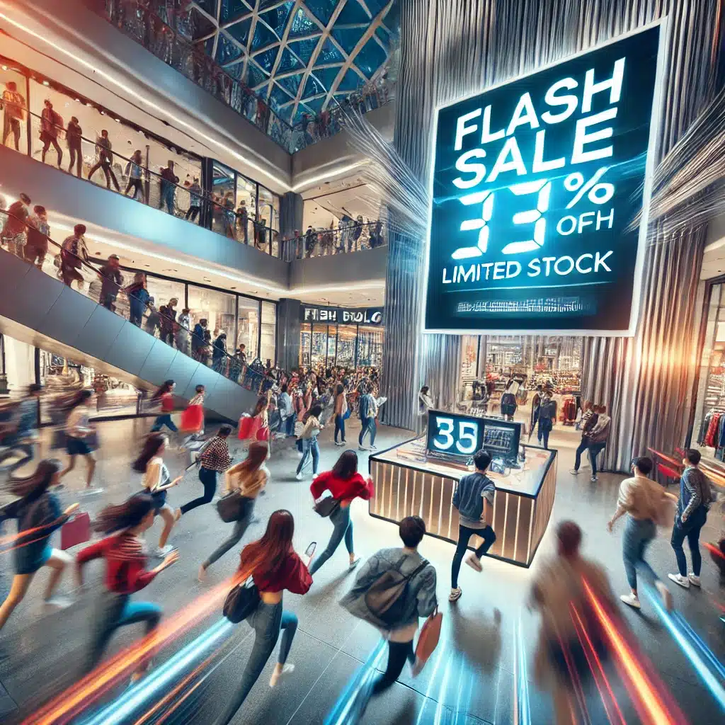 Shoppers rushing towards a store display with a "Flash Sale" sign in a modern shopping mall, capturing urgency and excitement.