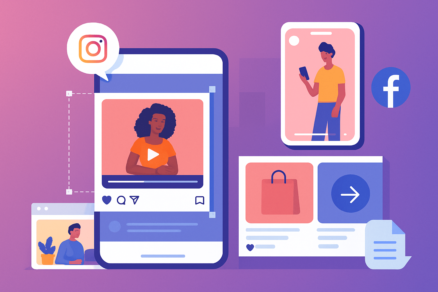 Colorful illustration showing various Instagram and Facebook ad formats including feed, story, and carousel layouts on a gradient background