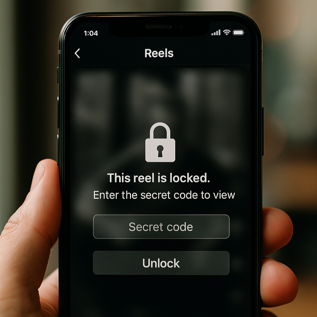 A digital photograph shows a person holding a modern smartphone displaying Instagram Reels secret code feature with a prompt on the screen.