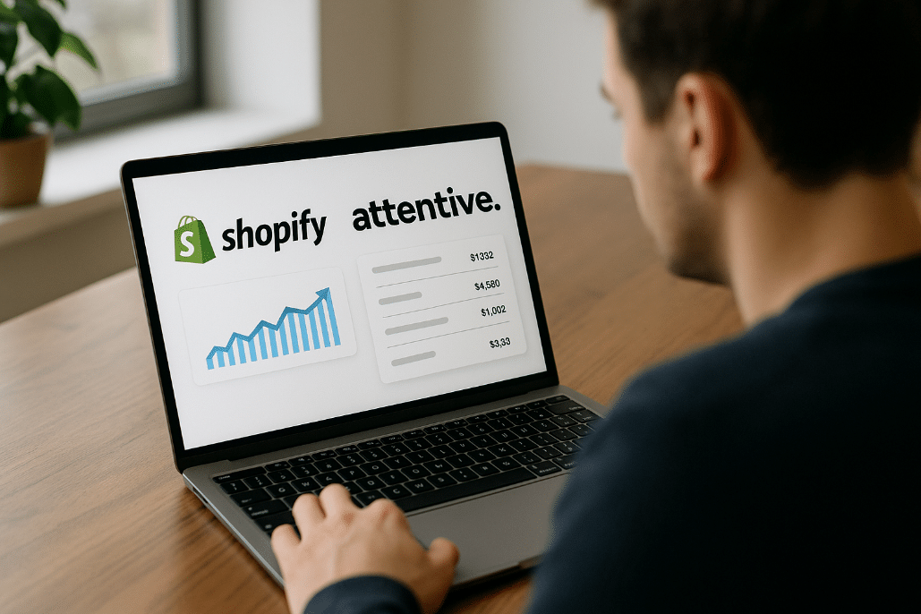 Man at desk using laptop to review Attentive attribution insights for Shopify store performance tracking