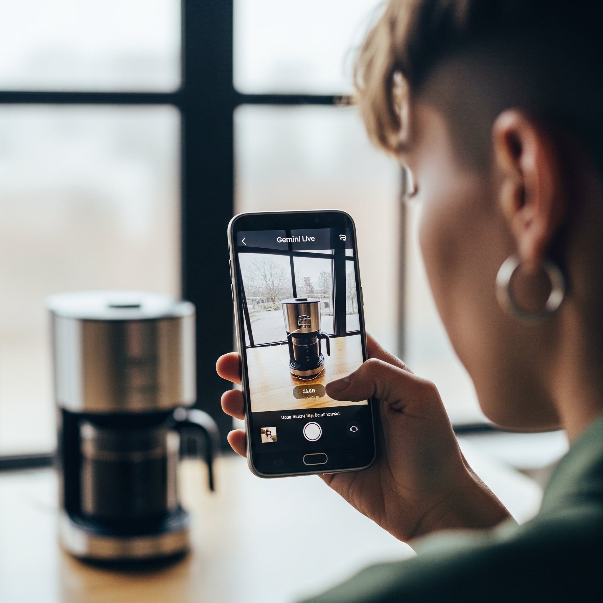 A person using Gemini Live on a smartphone, symbolizing AI-powered visual shopping assistance.