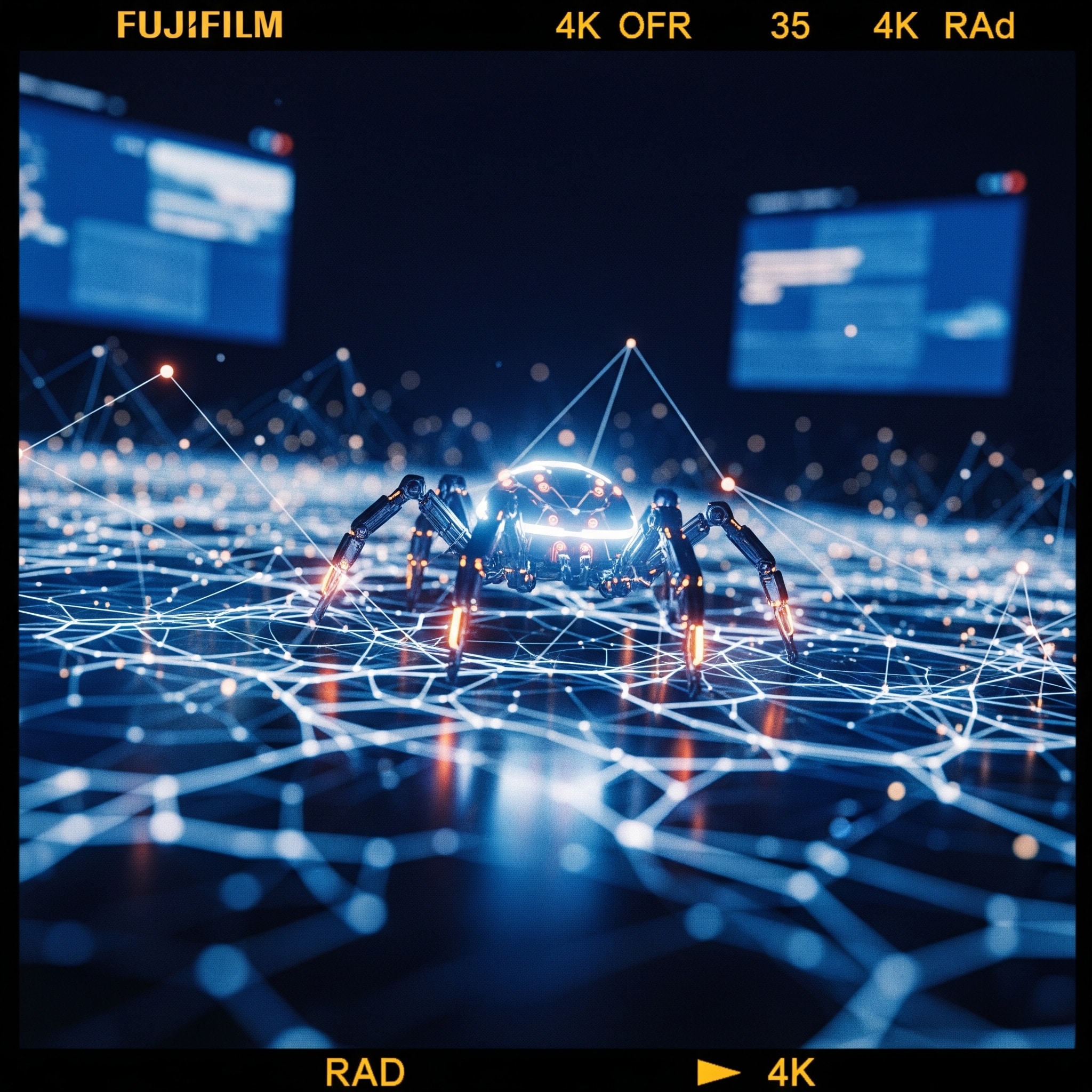 A photographic image of an AI bot, resembling a robotic spider, crawling through a luminous digital web, symbolizing its impact on internet data and website infrastructure.